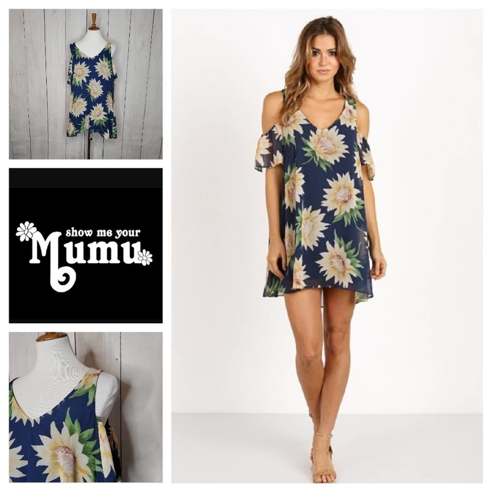 Show Me Your Mumu Birdie Ruffle Dress Navy Sunflower Cold Shoulder Mini Small